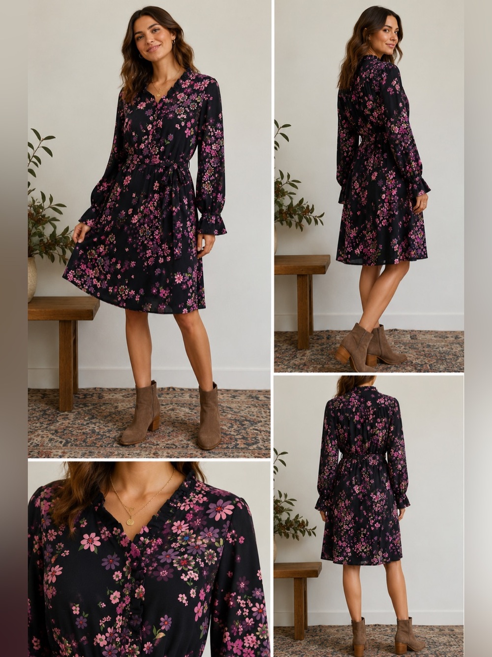 Kate Spade Bora Flora Ruffle Tie Waist Floral Dress Black Size 10
